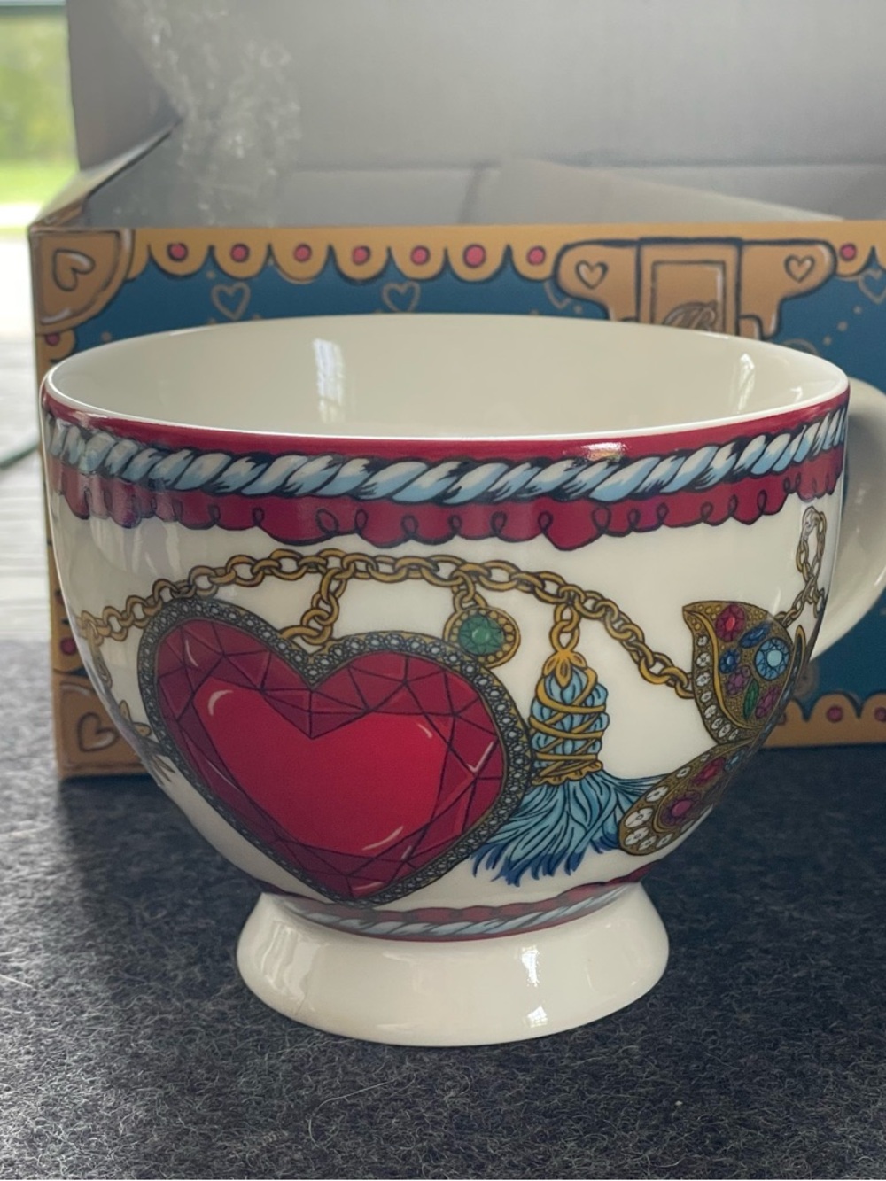 NIB Brighton Love + Heart Jewel Themed Footed Teacup - Red and Turquoise Accents